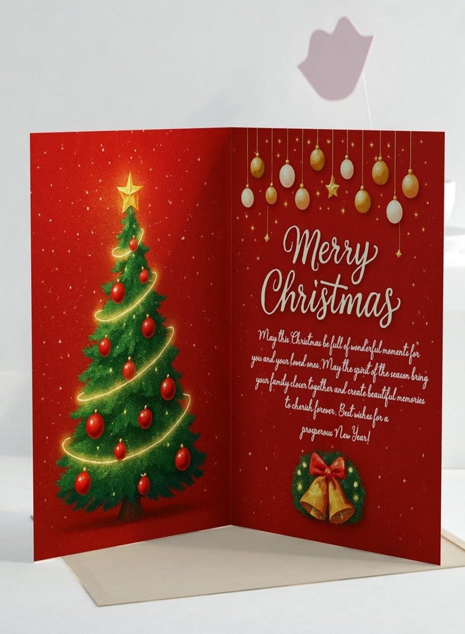 MAKEPHOTOGIFTS بطاقة معايدة عيد ميلاد مجيد - مقاس A5 (8.3 × 5.8 بوصة) | تصميم احتفالي فاخر باللونين الأحمر والذهبي مع ظرف | رسم توضيحي لشجرة عيد الميلاد وعلبة هدايا | بطاقة تهنئة بالعيد للعائلة والأصدقاء وهدايا المكتب - Image 2